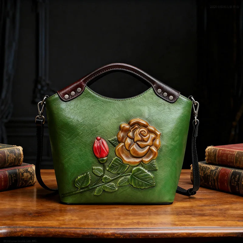 Large Capacity Genuine Leather Crossbody Bag for WomenCowhide Tote with 3D Embossing  Hand-Painted Mother Gift Shoulder Purse