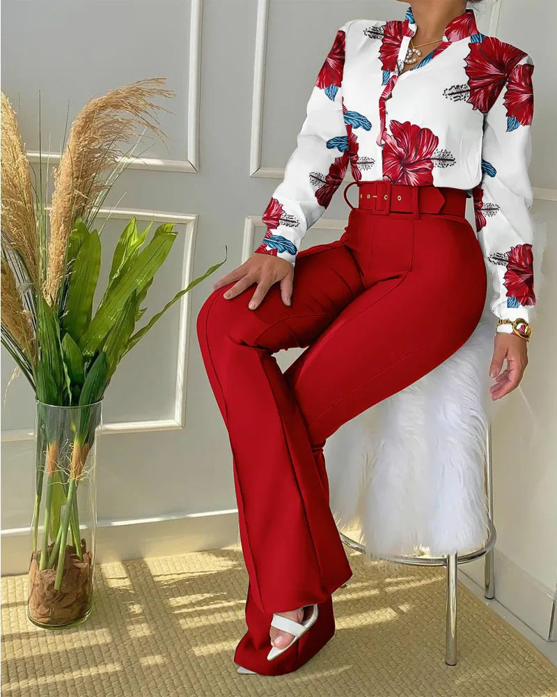 Women Autumn Winter Trouser Set Pants Suit Belt Long Sleeve Turndown Collar Button Printing Color Casual Fashion Regular Pants