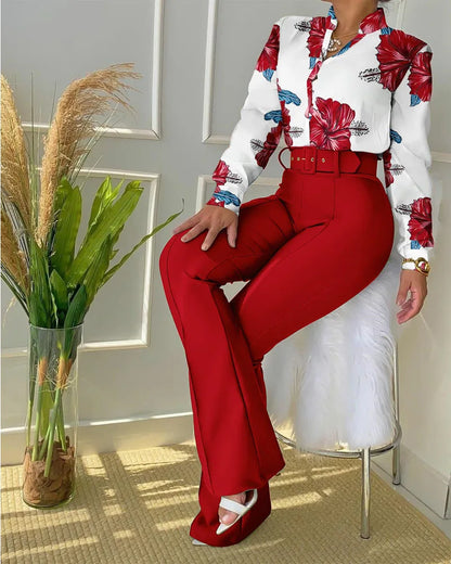 Women Autumn Winter Trouser Set Pants Suit Belt Long Sleeve Turndown Collar Button Printing Color Casual Fashion Regular Pants