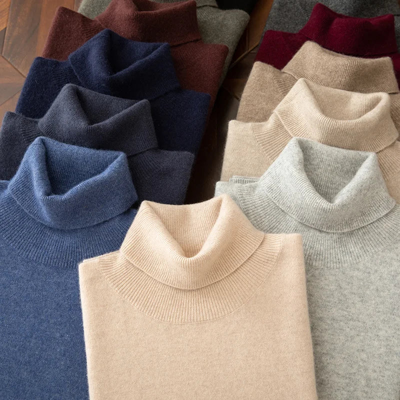 100% cashmere men's pullover business casual solid knitted sweater loose Pull Turtleneck Tops basic Turn down collar Jumper
