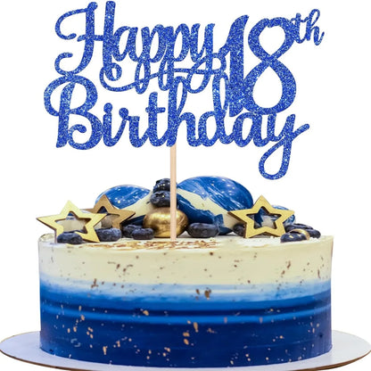 1Pack Happy 18th Birthday Cake Topper,Cheers to 18 Years Cake Decor, Funny 18th Birthday Decorations Supplies Blue Glitter