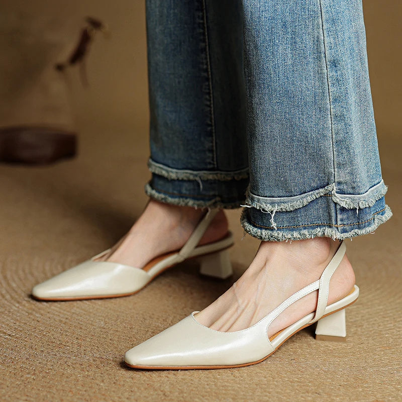 2025 Summer Women Sandals Genuine Leather Women Shoes Cover Toe Slingback Shoes Pointed Toe Med Heel Concise Designer Sandals