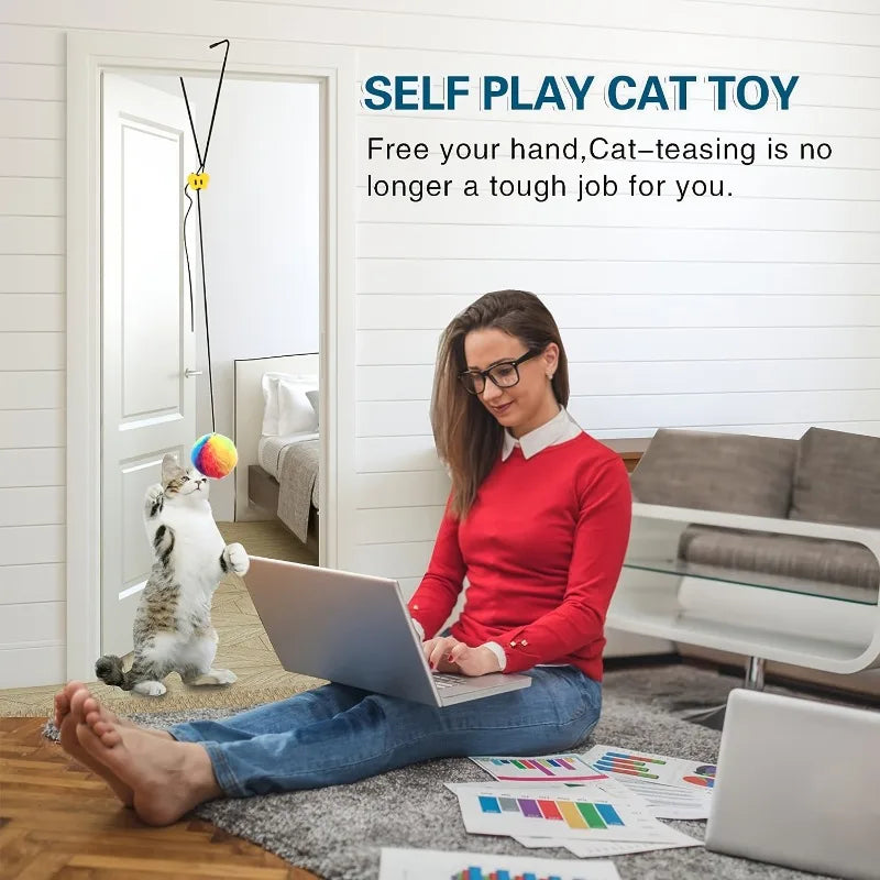 Interactive Cat Toy with Colorful Balls - Adjustable Hanging Door Swing Teaser for Cats Kittens, Pet Self Play Hanging Toys