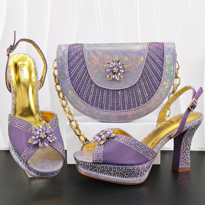 Italian Design Bigger Size Shoes and Bags Set Wedding for Women Bride Ladies High Heel HAND CRAFTED UPPER Shoes with Rhinestone