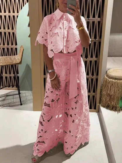 Women Set Short Sleeved Blouse Tops + Tie-up Pants Two Peics set Lace Outfit Embroidery 2025 New Retro Hollow Temperament Suit