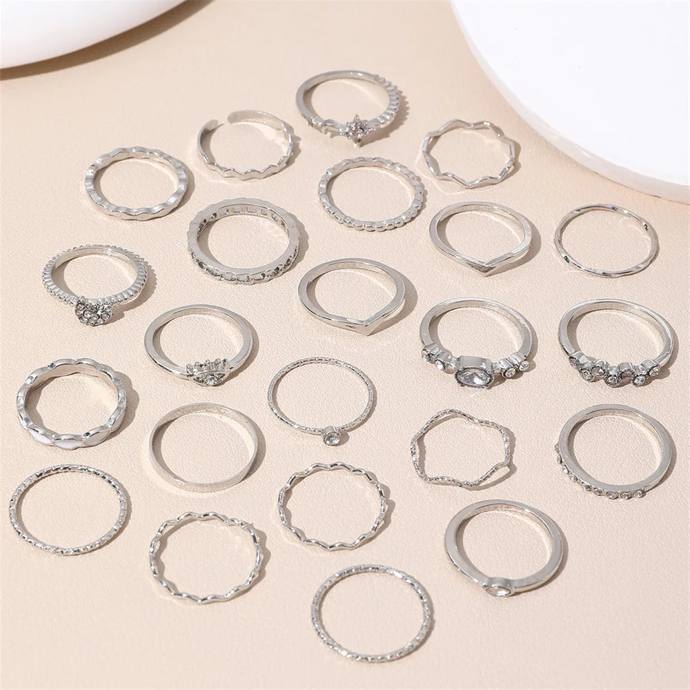 23pcs Fashion Knuckle Rings Set for Women Crystal Star Moon Eye Wave