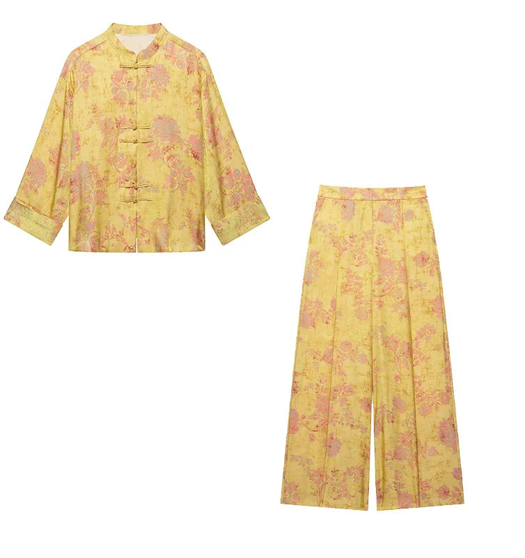 Women's Printed Pants Set Summer New O-neck Long Sleeve Rope Knot Decorative Tops High-waist Wide leg Pants Casual 2 Piece Sets