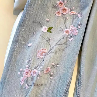 New Pink Flower Embroidered Jeans Women Spring  Autumn High Waist Fashion Slim Wide-Leg Pants Embroidered Straight Pant
