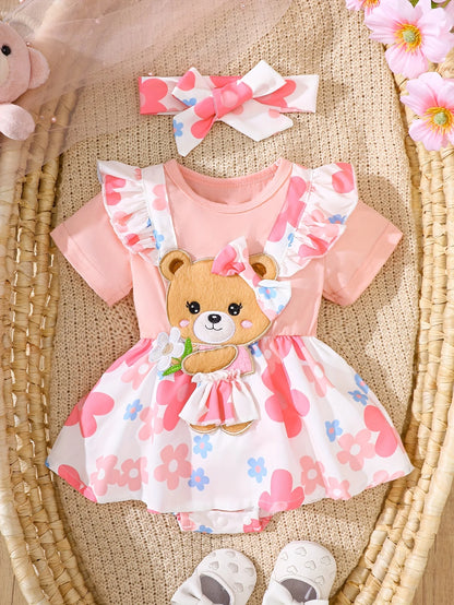 Two-Piece Set of Baby Girl Casual Dresses for Spring and Summer, Cute and Sweet Style Dresses with Cartoon Bear Patches, Floral Digital Print Patterns, Baby Girl Romper and Headband