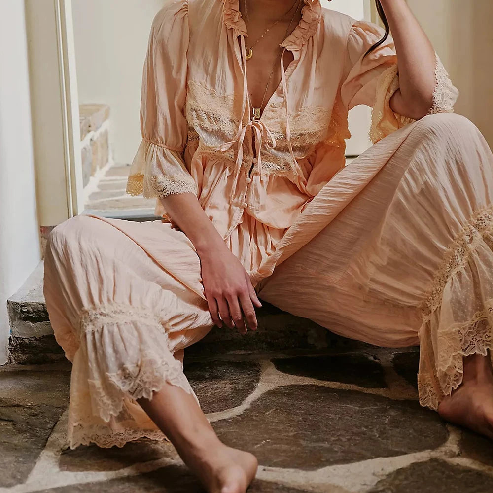 Women Kawaii Lace Trim 2 Piece Clothes Sets y2k Fairy Bow Tie Front Half Sleeve Shirts Ruffles Flared Lantern Pants Loungewear