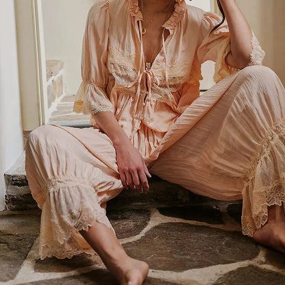 Women Kawaii Lace Trim 2 Piece Clothes Sets y2k Fairy Bow Tie Front Half Sleeve Shirts Ruffles Flared Lantern Pants Loungewear