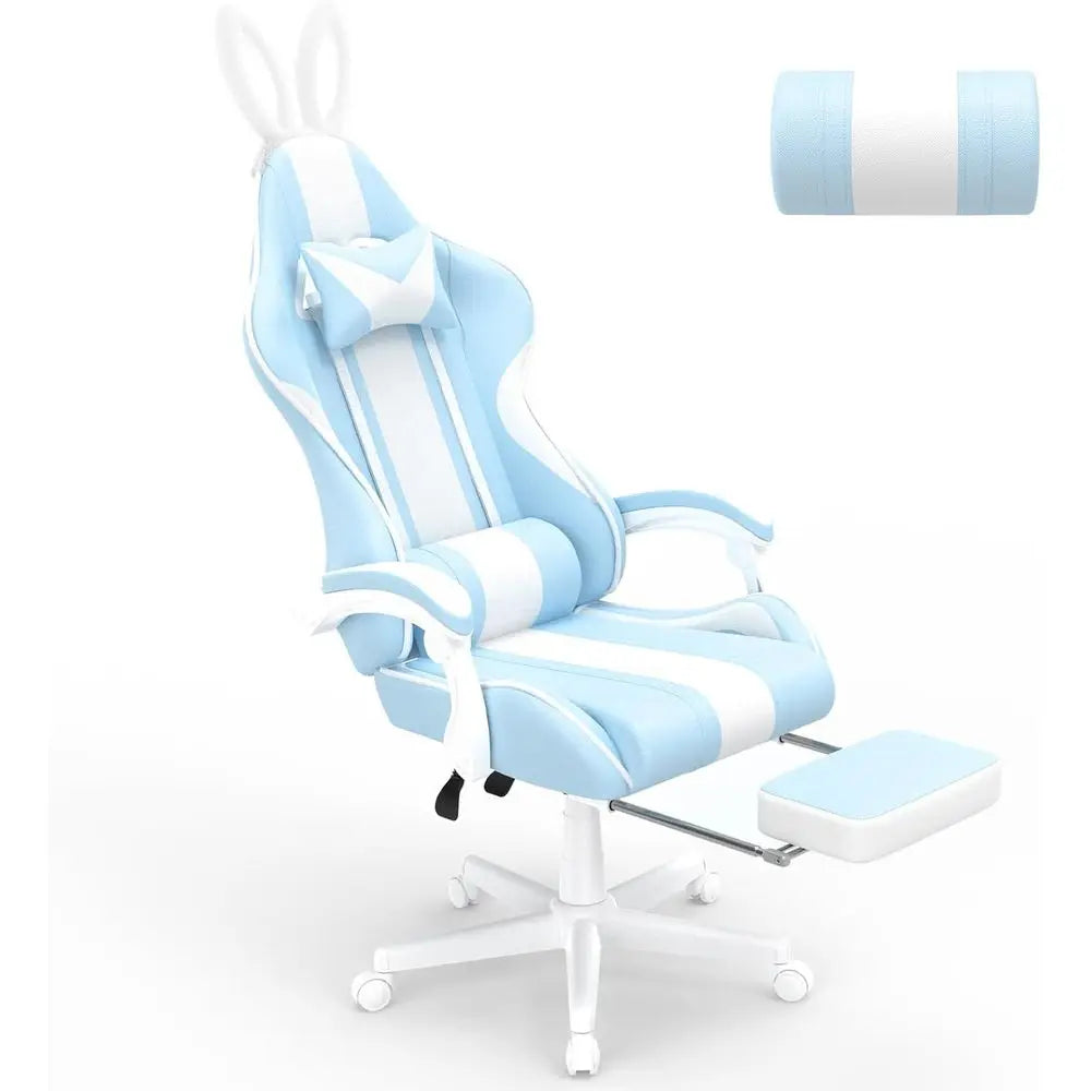 Light Blue Ergonomic Gaming Chair with Bunny Ears, Reclining Massage Chair for Teens and Adults
