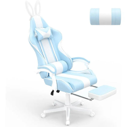 Light Blue Ergonomic Gaming Chair with Bunny Ears, Reclining Massage Chair for Teens and Adults
