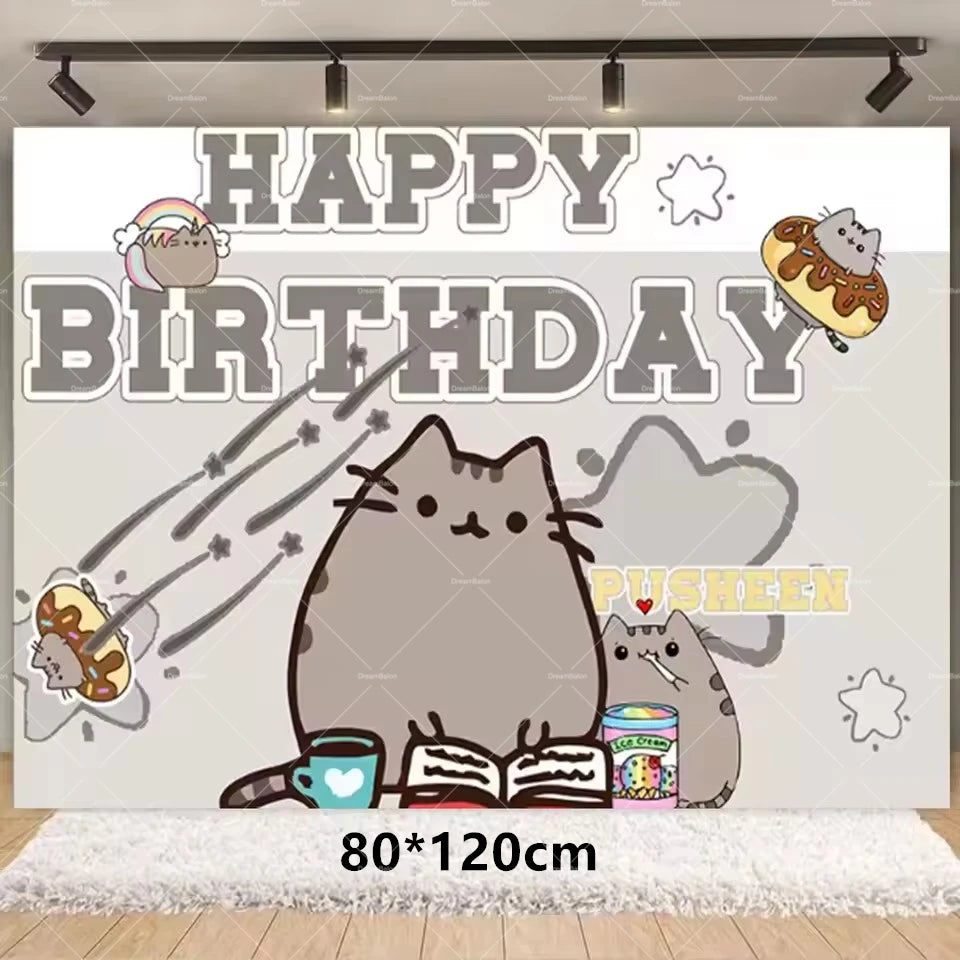 Pusheen Balloons Cartoon Cat Birthday Banner Decoration Party Supplies Backdrop Cake Topper Gift Bag Sticker Spiral Plush Doll