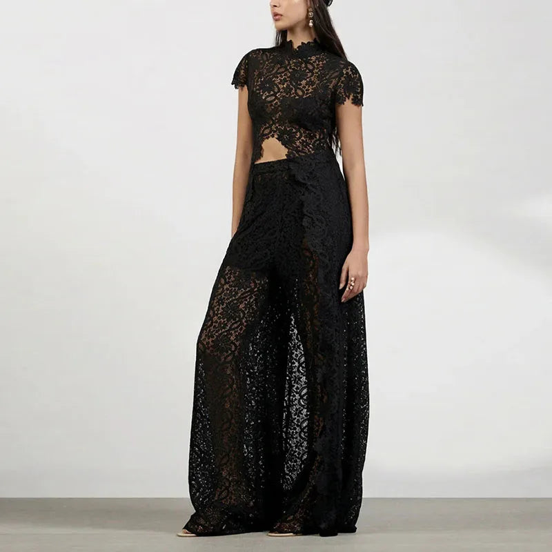 Fashion Lace Solid Women's Shirt Pant Set See Through Short Sleeve Long Tops Straight Trousers 2026 Summer Chic Female Suits