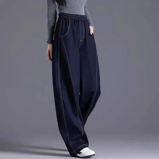 Elastic waist Wide leg Jeans Women's 2026 New Spring Autumn Loose High waist Sickle Shaped Knife Pants Female Casual Denim Pants