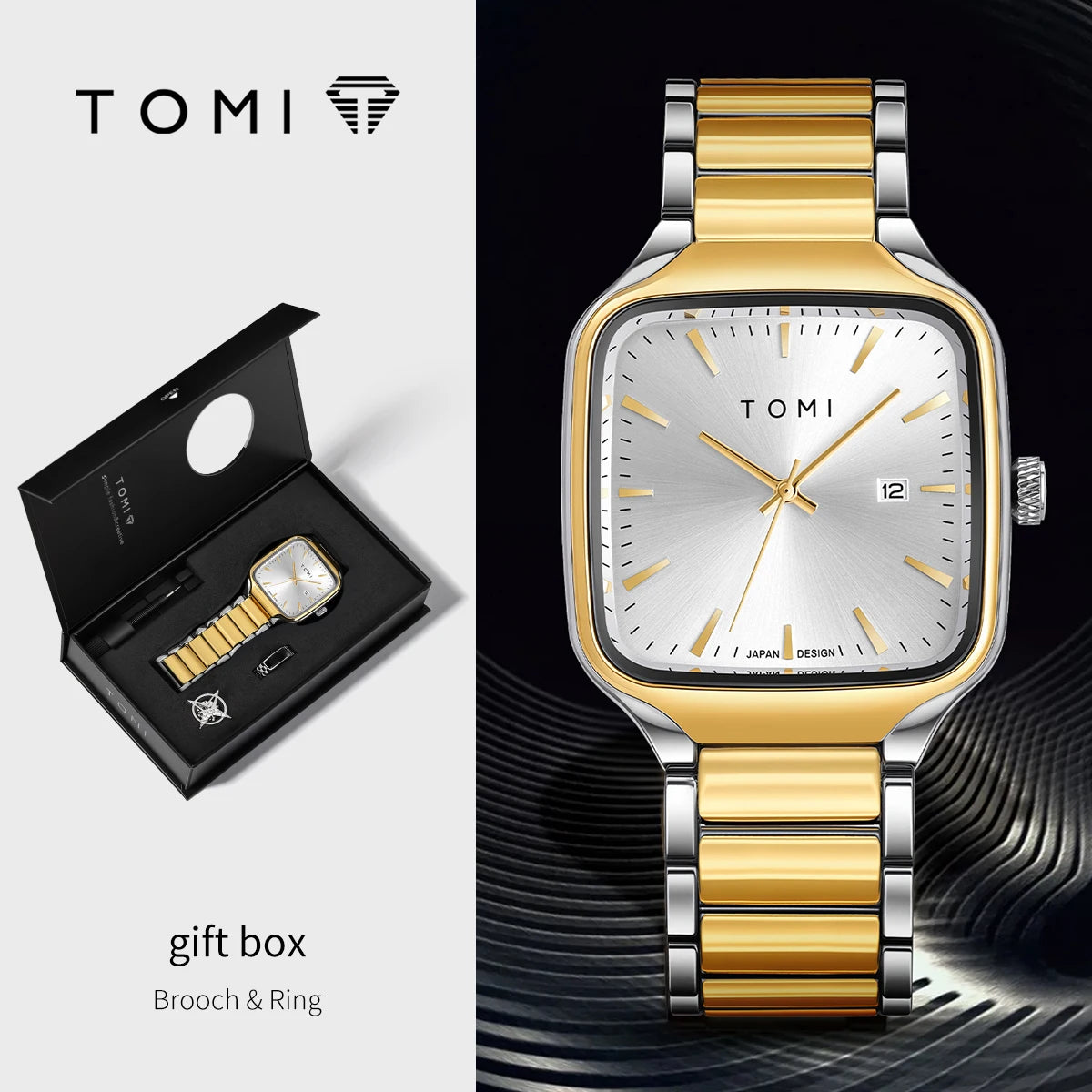 TOMI Men's Quartz Watch New Fashion Box Set Cufflinks Ring Fashion Set Box Watch as a Gift for Men's Gift Box