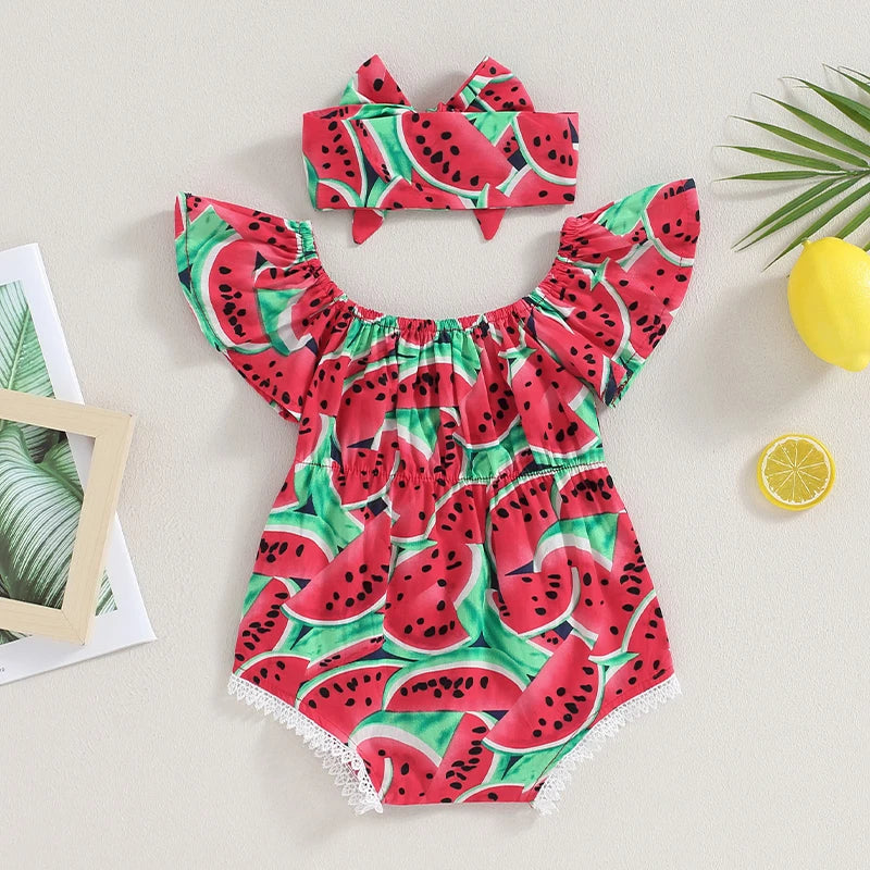 0-36months Newborn Girl Bodysuit Hairband Set Short Sleeve Watermelon