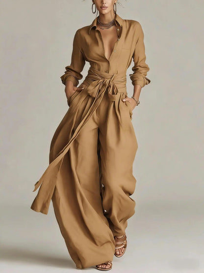 Temperament Female Two Piece Set Summer Fashion Lapel Strap Design Wide Leg Pants Suit With Pocket Lady High Waist Office Outfit