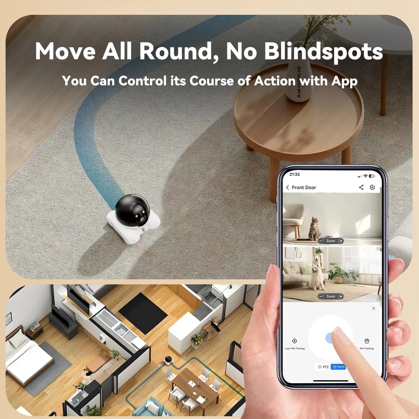 Indoor Security Camera 1080P Dual Lens, Mobile Robot with Wheels, Two-Way Audio, Remote-Controlled Bot with Night Vision, App-Controlled for Home Safety, Pets, Baby, Elderly