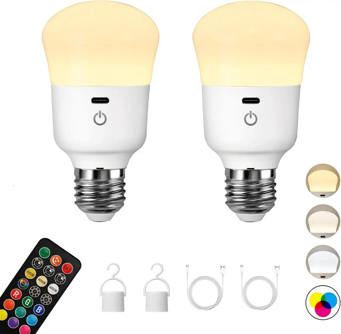 Usb Rechargeable Light Bulb with Remote Control Dim & RGB, Timer, Backup Emergency Light for Home or Outdoor