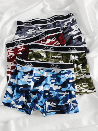 Men's 4-Pack Polyester Boxer Briefs - Camouflage Print, "XPSW UNDERWEAR" Waistband