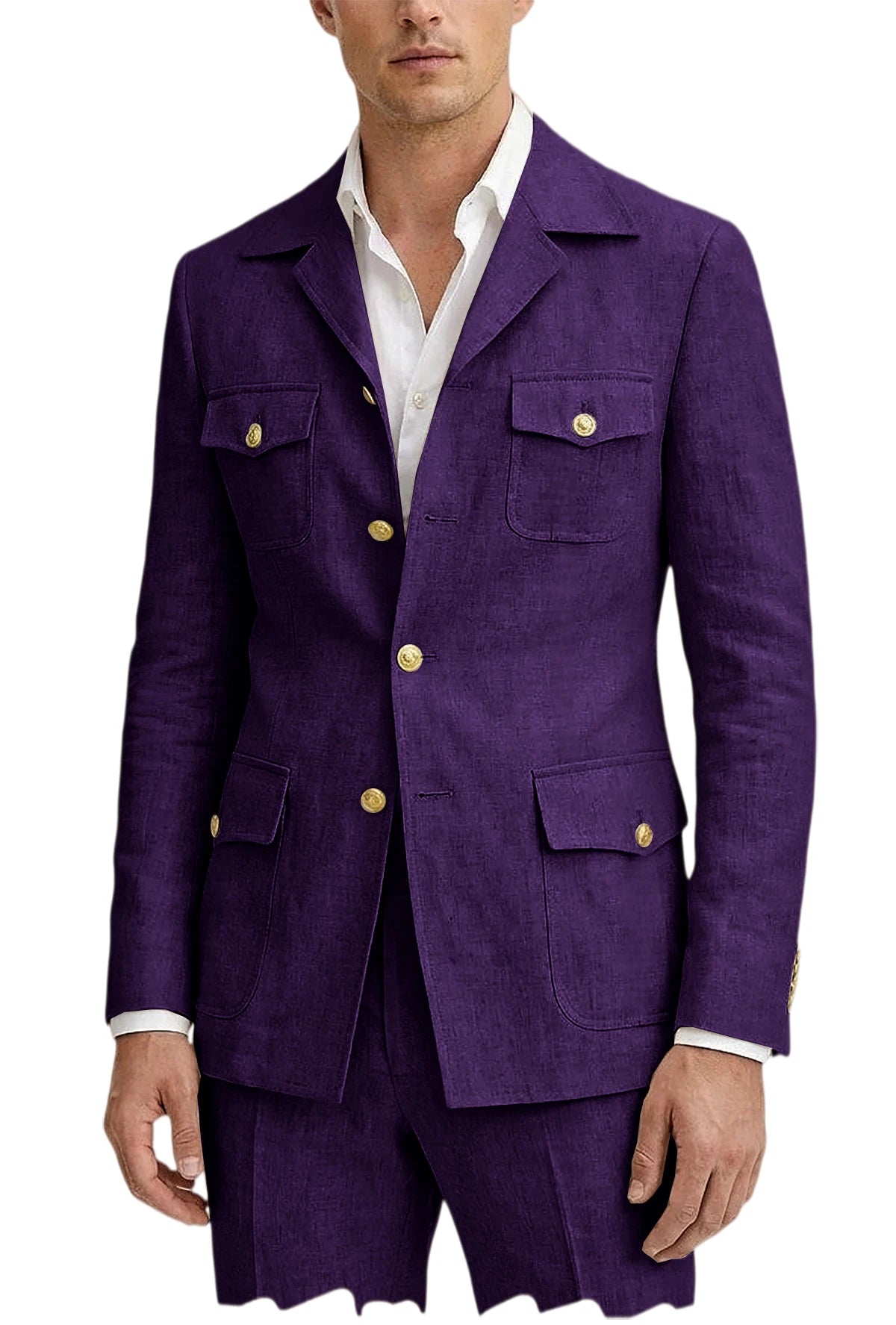 Men's Linen Suit 2 Piece Blazer Pants Set Multi-Pocket Safari Style Slim Fit Formal Business Casual Jacket Trousers for Summer