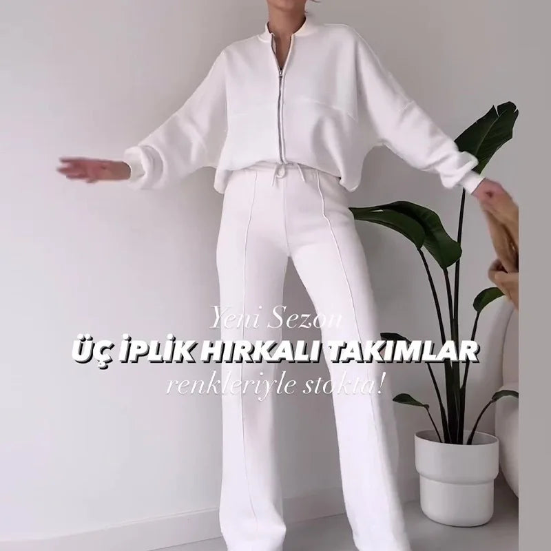 Fashion Women's Suit Zipper Trousers Round Neck Sweatshirt Wide Leg Trousers 2 Piece Set Conjuntos De Pantalón Fall Clothes 2025