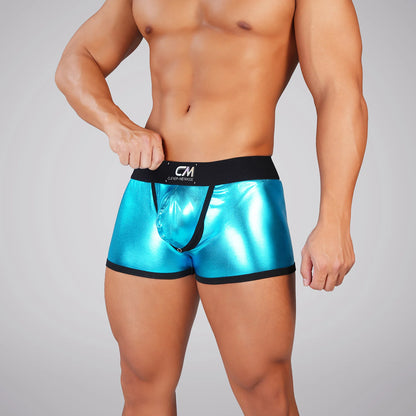 Faux Leather Wet-look Men Boxer Briefs Sexy Cock Hole Pouch Underwear PU Underpants Silicone Cockring Boxers