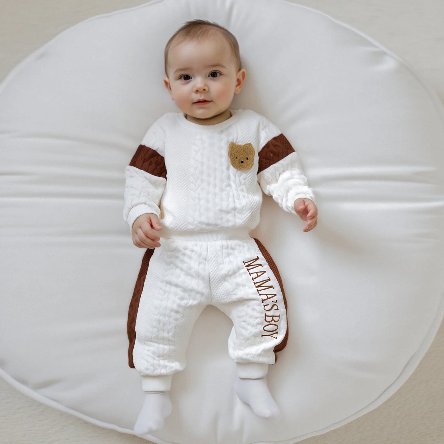 Baby Boy s Knit Outfits Fashionable Long Sleeve Bear Embroidery Textured Romper with Pants 2Pcs Set