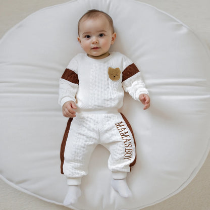 Baby Boy s Knit Outfits Fashionable Long Sleeve Bear Embroidery Textured Romper with Pants 2Pcs Set