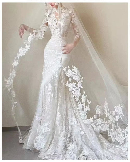 Customized Romantic Appliques Mermaid Wedding Dress Long Sleeves V-neck Backless Bridal Dresses Wedding Party Dress No veil