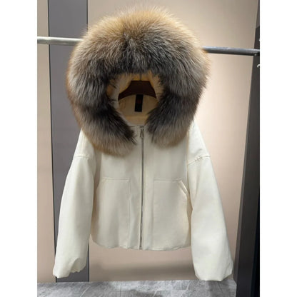 OFTBUY Real Fox Fur Collar Goose Down Jacket Women Cropped Hooded Coat Winter Warm Zipper Natural Fox Fur Thick Outerwear