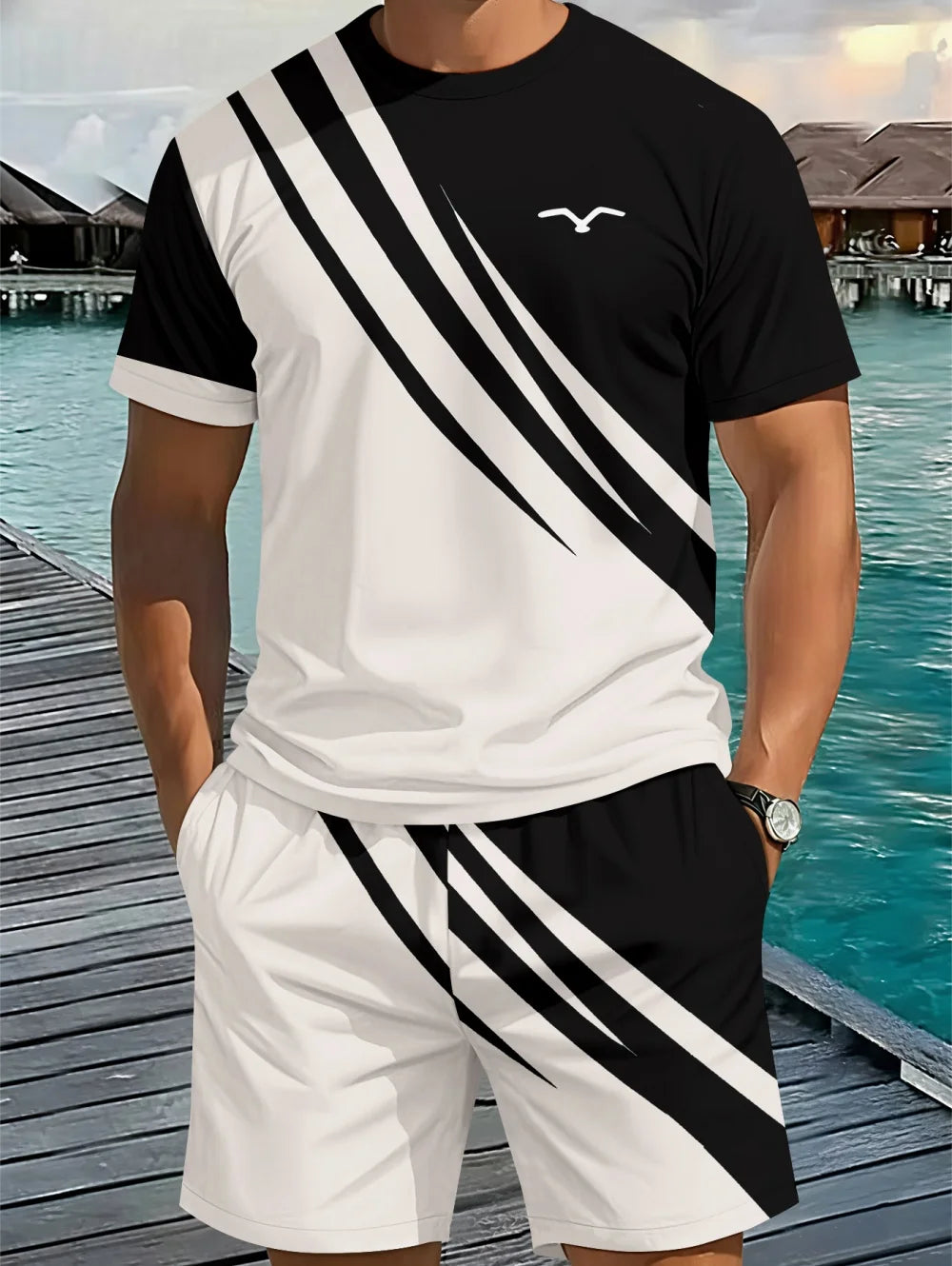 Men's Classic Stripe Printed T-Shirt Shorts Set Plus Size Short Sleeve T-Shirt and Drawstring Shorts Summer Casual Two Piece Set