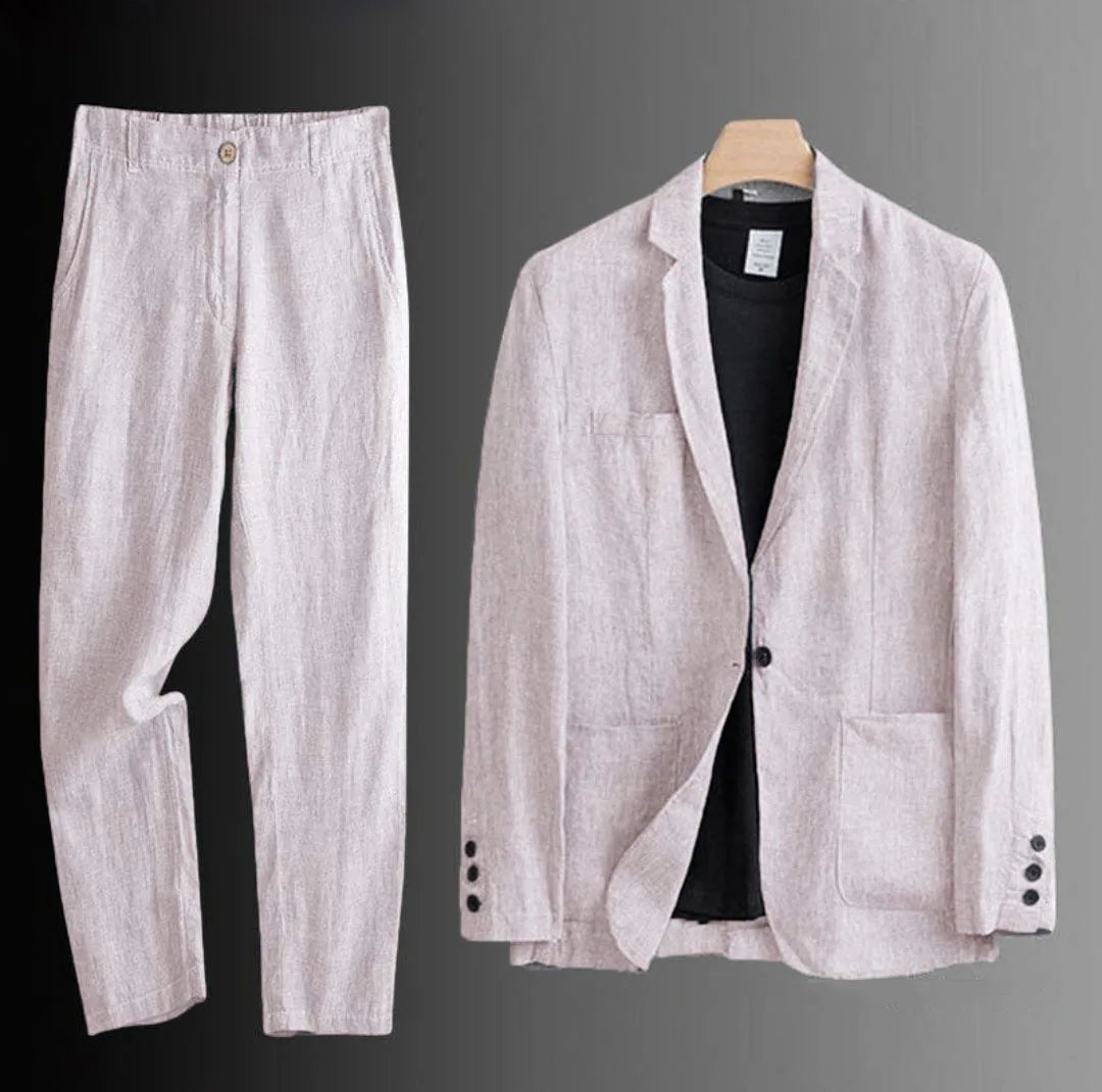 Cotton Linen Men's 2‑Piece Suit Lightweight Slim Fit Breathable Casual Suit Set for Office Wedding Sun Protection