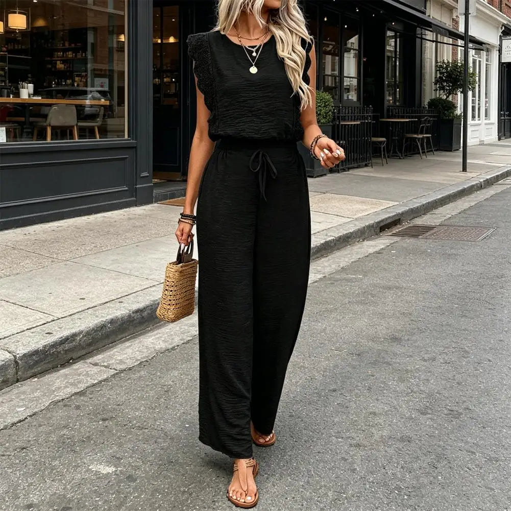 Crew Neck Top And Wide Leg Pants Set Fashionable Womens Summer Lounge Set Street Style Matching Outfit Relaxed Fit Vacation Suit
