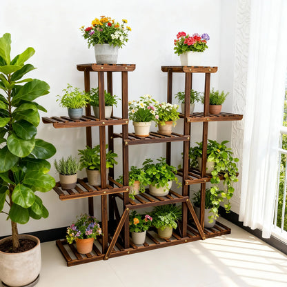 Large 11 Tiered Wood Plant Stand Carbonized High Widen Pot Shelf Holder Flower Shop Office Garden Indoor Outdoor