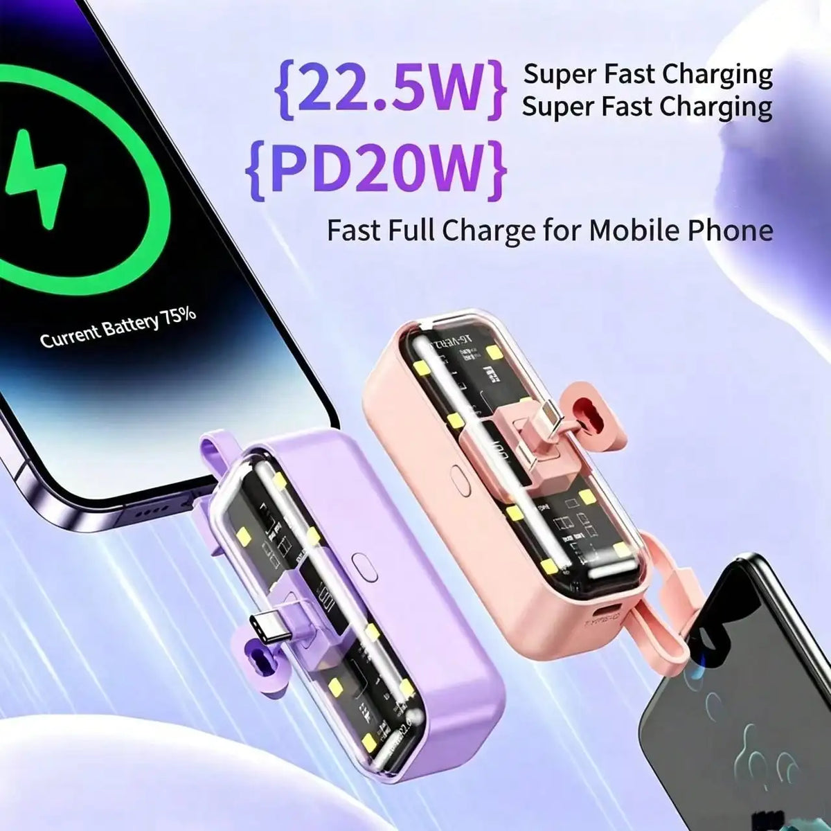 Mini 5000mAh Power Bank, 22.5W Fast-Charging Phone Charger, Built-In Charging Plug And Output Cable, LCD Smart Display, Plug Compatible With IPhone 14/13/12/11/10