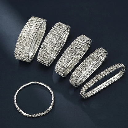 Classic Multiple Shining Rhinestone Crystal Stretch For Women Girls Bridal Wedding Wristband Elastic Bracelet Gold Silver Color