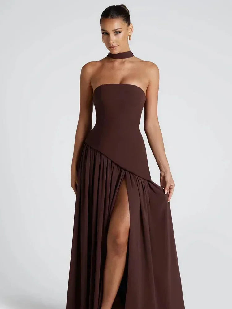 Solid Spliced Ribbon Maxi Dress Women Elegant Strapless Sleeveless Slit Long Dresses 2025 New Summer Holiday Party Lady Vestidos