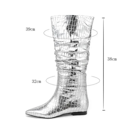 Silver Flat Bottomed Fashion Pleated Boots Big Size 36-47 Stone Grain Knee High Boots Pointed Denim Low Heels Sexy Women Shoes