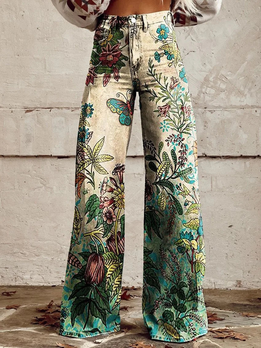 Women's 3D Printed Flare Jeans-Polyester Wide Leg Pants with Distressed Vintage Look, High Waist Comfort Fit for Street Fashion