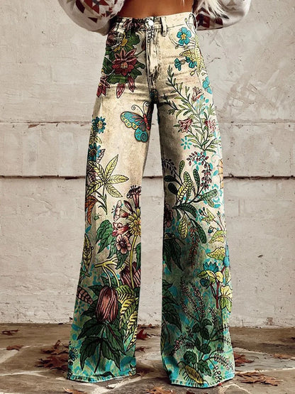 Women's 3D Printed Flare Jeans-Polyester Wide Leg Pants with Distressed Vintage Look, High Waist Comfort Fit for Street Fashion