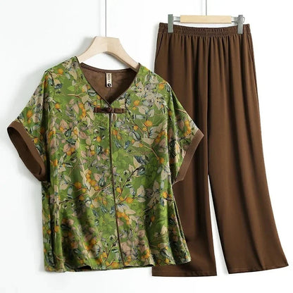 Korean Lady Short Sleeve Blouse Pant 2PCS Middle-aged Mom Large Size 5XL T-shirt Suit Summer Femme V Neck Trousers Two-piece Set