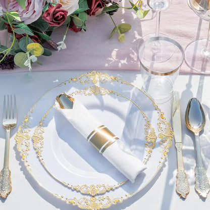 350PCS Gold Plastic Plates - Gold Plastic Dinnerware Sets for 50 Guests - 100 Disposable Plates, 150 Silverware, 50 Cups, 50 Nap