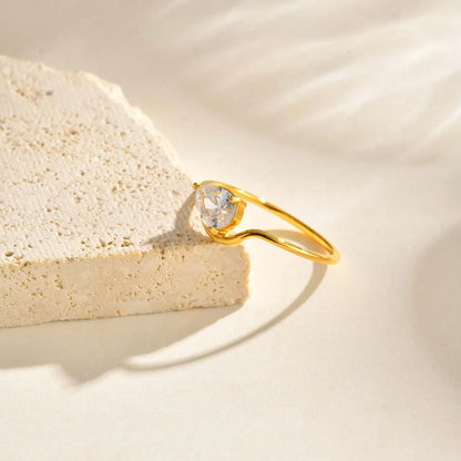 Minimalist Water Drop White Zircon Women Ring, Wave Drop Stainless Steel Ring, 18K Gold Plated Waterproof Luxury Jewelry