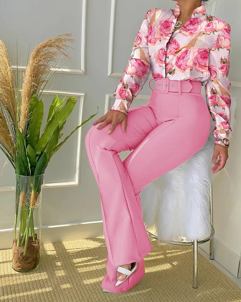 Women Autumn Winter Trouser Set Pants Suit Belt Long Sleeve Turndown Collar Button Printing Color Casual Fashion Regular Pants