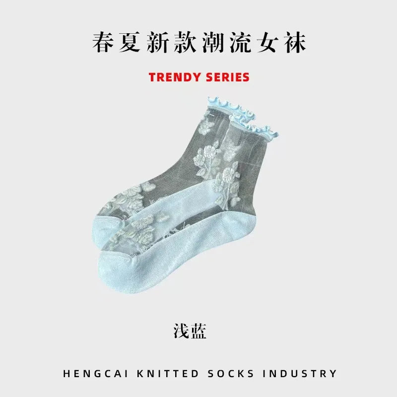 Transparent Crystal Silk Socks Women Fashion Ultra-thin Summer Harajuku Crew Socks Flower Streetwear Elastic Long Mesh Socks