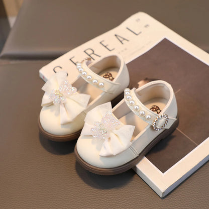 Baby Girl Leather Shoes Kids Bow Pearl Princess Shoes Shallow Soft Sole Cute First Walkers Infant Toddler Cartoon Single Shoes
