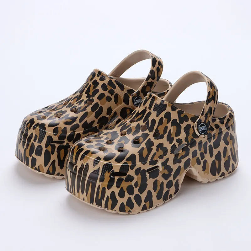 Leopard Platform Clogs for Women Closed Toe Chunky High Heel Sandals Woman New Summer Street Beach Slides Girls Fashion Slippers